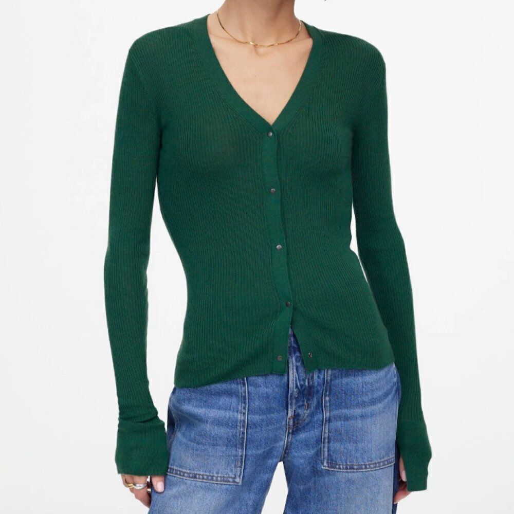 Madewell NS652 Green Merino Wool-Silk Blend Cardigan Sweater